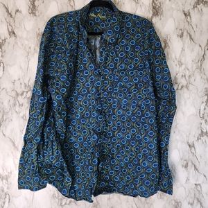 Alan Flusser Sz XXL Peacock Feather Print Long Sleeve Button Down